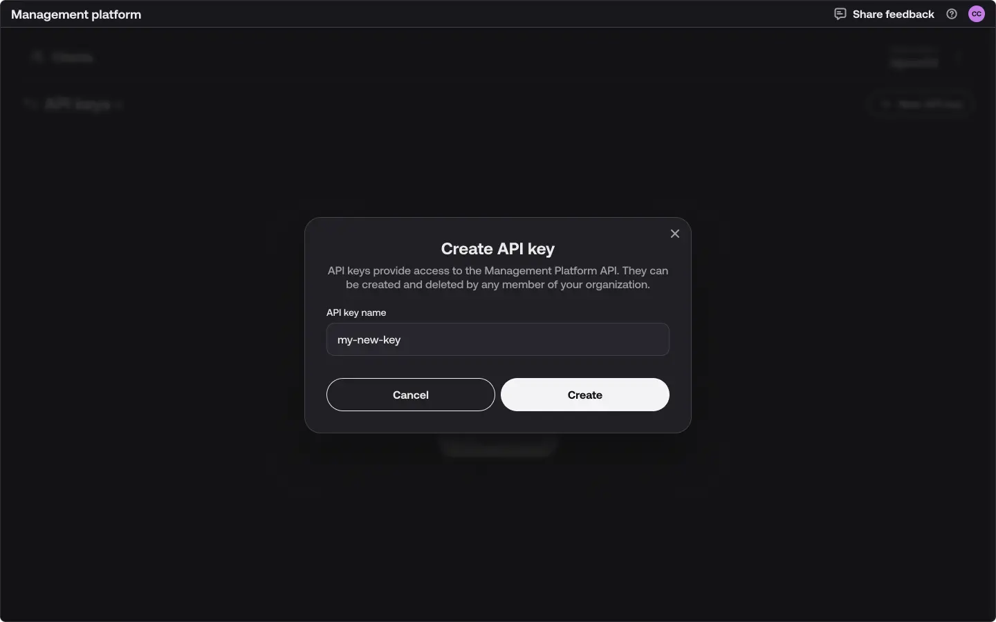 The Create API key dialog with an API key name field filled in as my-new-key, and Cancel and Create buttons.