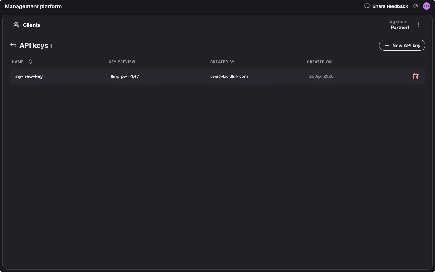 The API keys list showing one key with columns for name, key preview, created by, and created on, plus a delete icon.