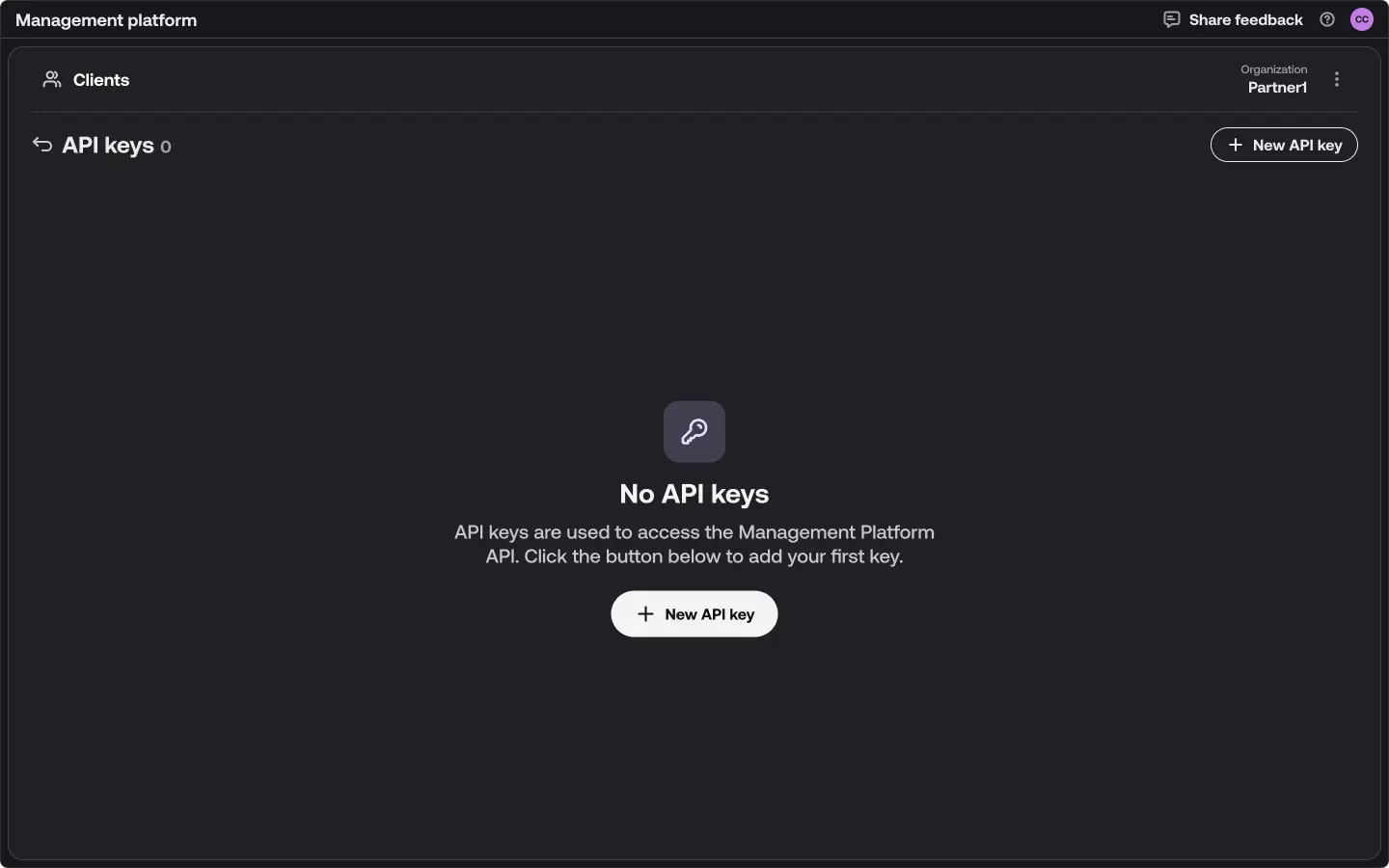The API keys screen with no keys yet, showing a New API key button.