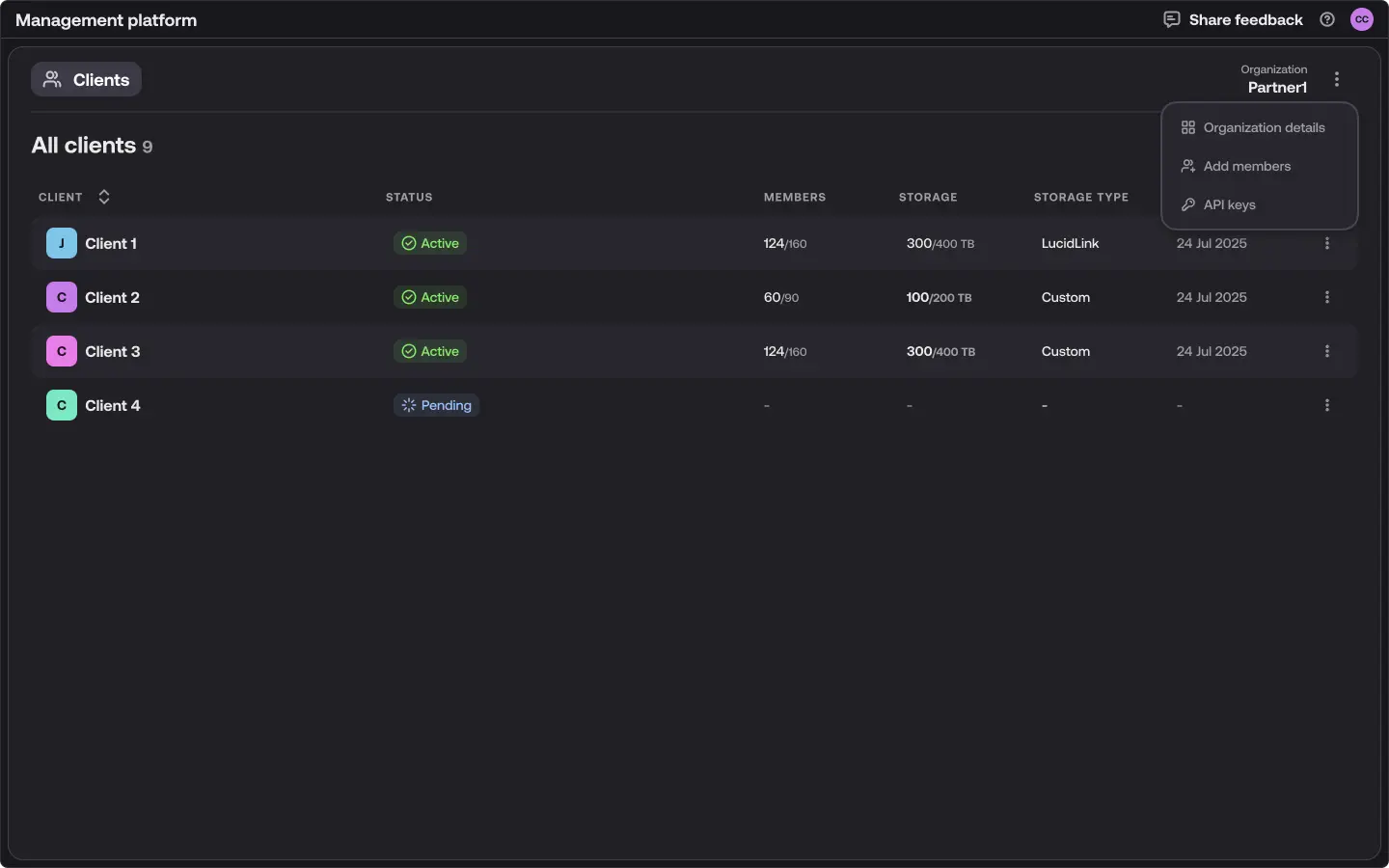 Management Platform Clients screen. The overflow menu beside the organization name is open, listing Organization details, Add members, and API keys.